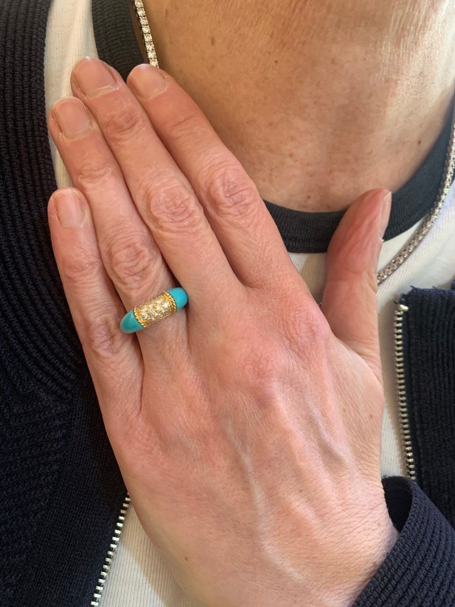 Bague Jonc Turquoise Diamants Or Jaune 18 Carats - Castafiore