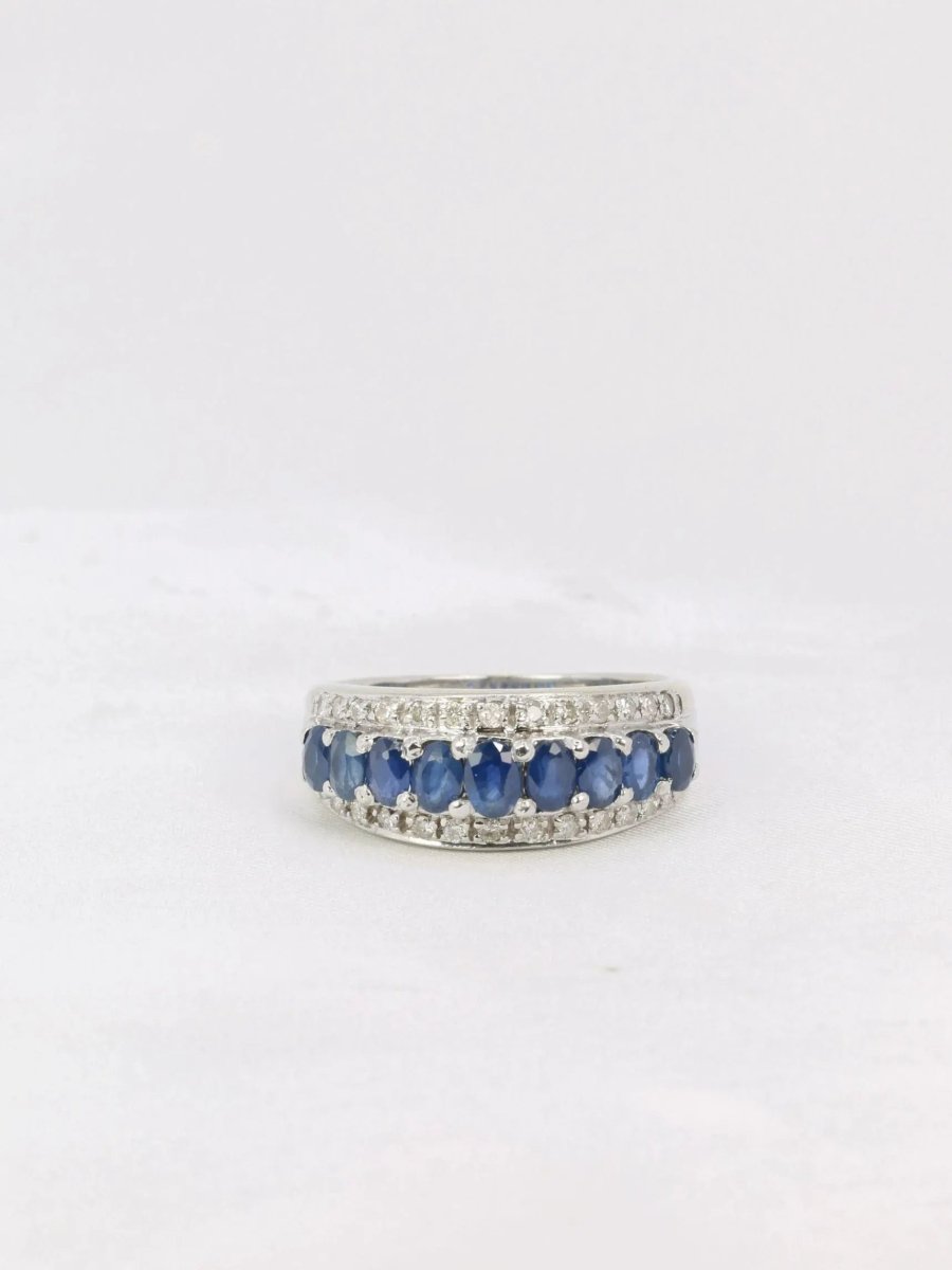 Bague jonc vintage or blanc diamants saphirs ovales - Castafiore