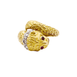 Bague LALAOUNIS "Animal Head" en or jaune, or blanc, rubis et diamants - Castafiore