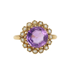 Bague marguerite ancienne or jaune amethyste perles fines - Castafiore