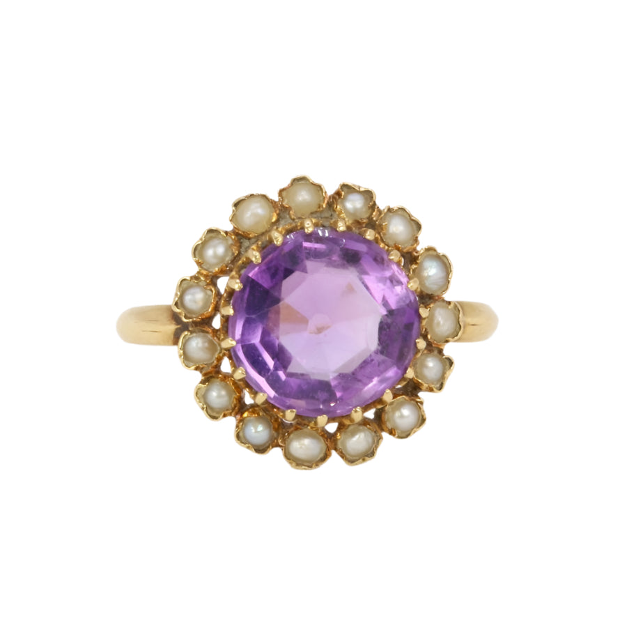 Bague marguerite ancienne or jaune amethyste perles fines - Castafiore