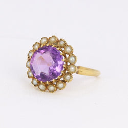 Bague marguerite ancienne or jaune amethyste perles fines - Castafiore