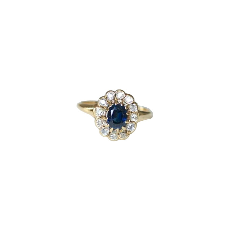 Bague Marguerite Ancienne Saphir 0,85 Cts et Diamants sur Or jaune - Castafiore
