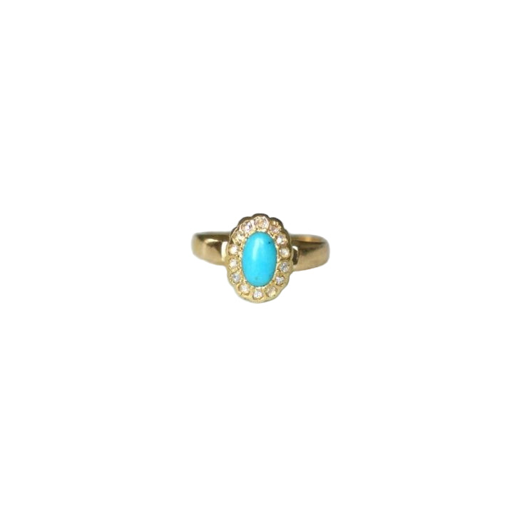 Bague Marguerite Ancienne Turquoise Diamants Or Jaune - Castafiore