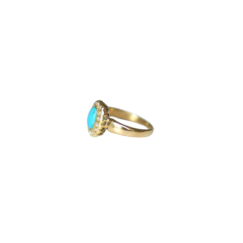 Bague Marguerite Ancienne Turquoise Diamants Or Jaune - Castafiore