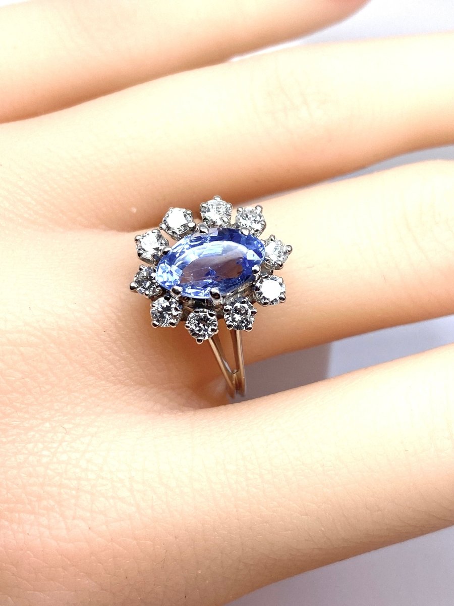 Bague marguerite en or blanc 18 carats, saphir et 10 diamants - Castafiore