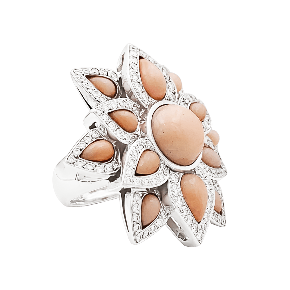 Bague Marguerite en or blanc, corail et diamants - Castafiore