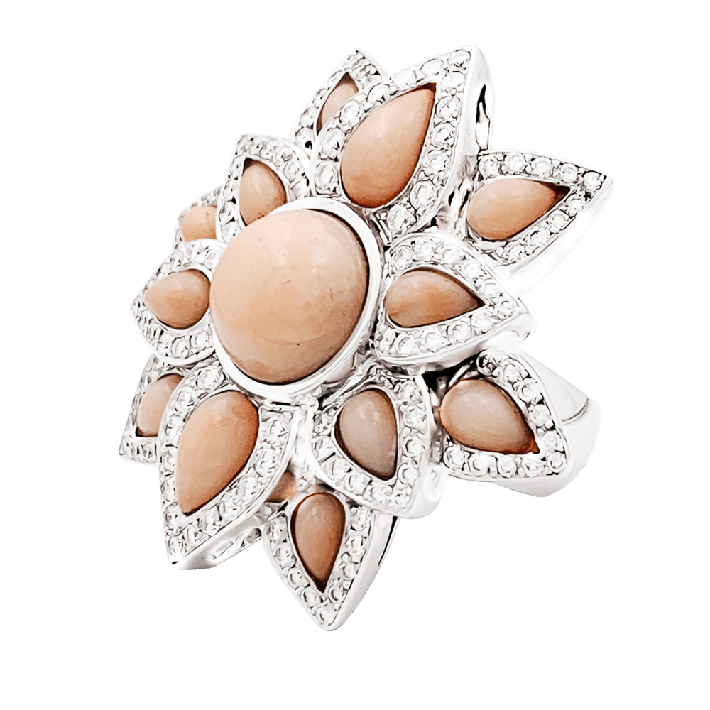Bague Marguerite en or blanc, corail et diamants - Castafiore