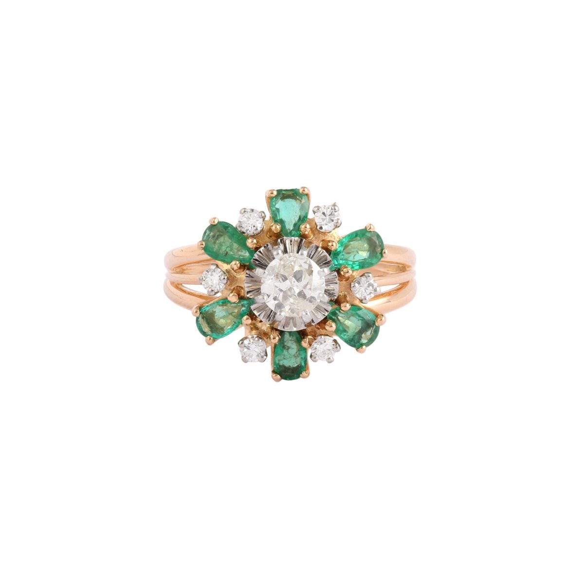 Bague Marguerite en or jaune, émeraudes et diamants - Castafiore