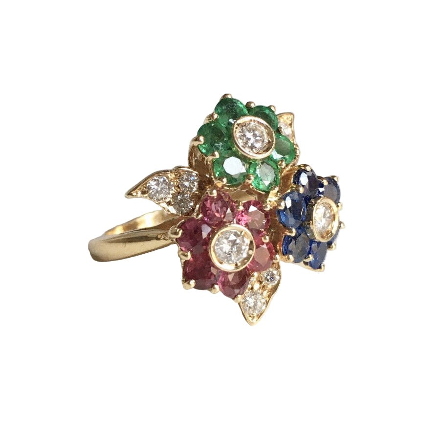 Bague Marguerite en or jaune, émeraudes, rubis, saphirs et diamants - Castafiore