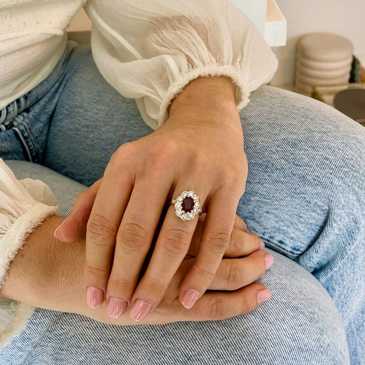 Bague Marguerite en or jaune, or blanc, rubis et diamants - Castafiore