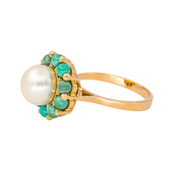 Bague Marguerite en or jaune, perle et turquoises - Castafiore