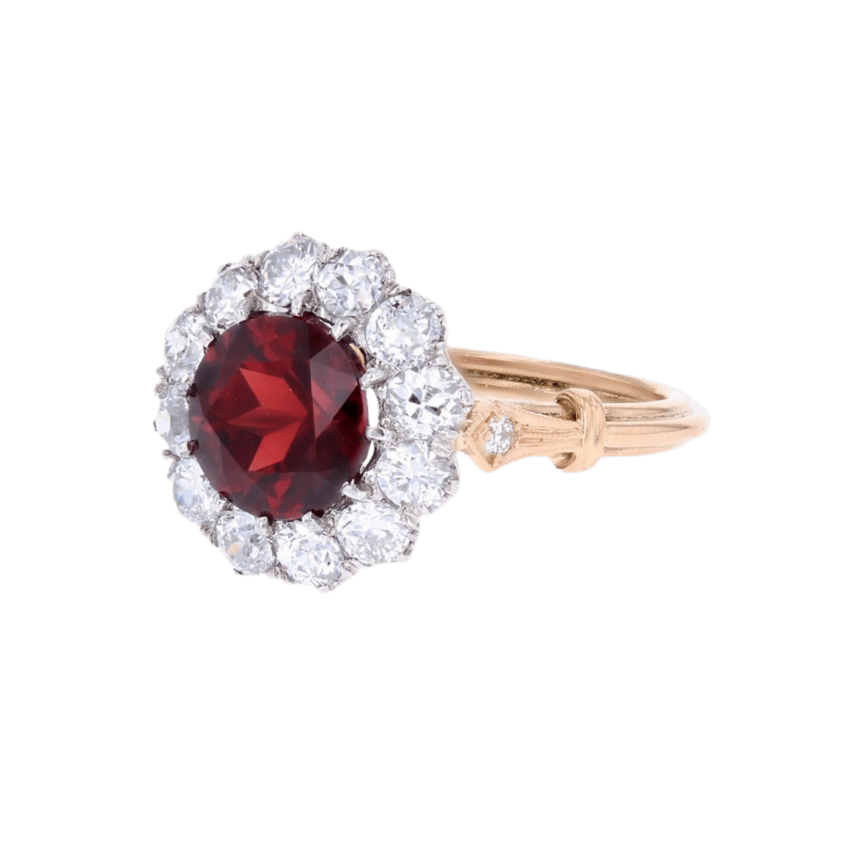 Bague Marguerite en or jaune, platine, grenat et diamants - Castafiore