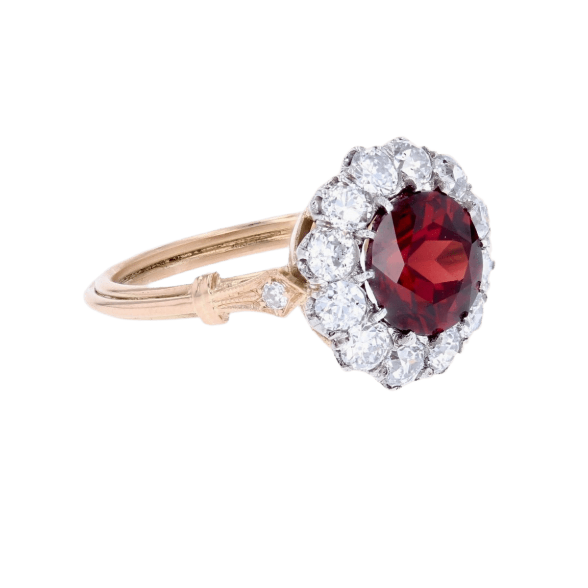 Bague Marguerite en or jaune, platine, grenat et diamants - Castafiore