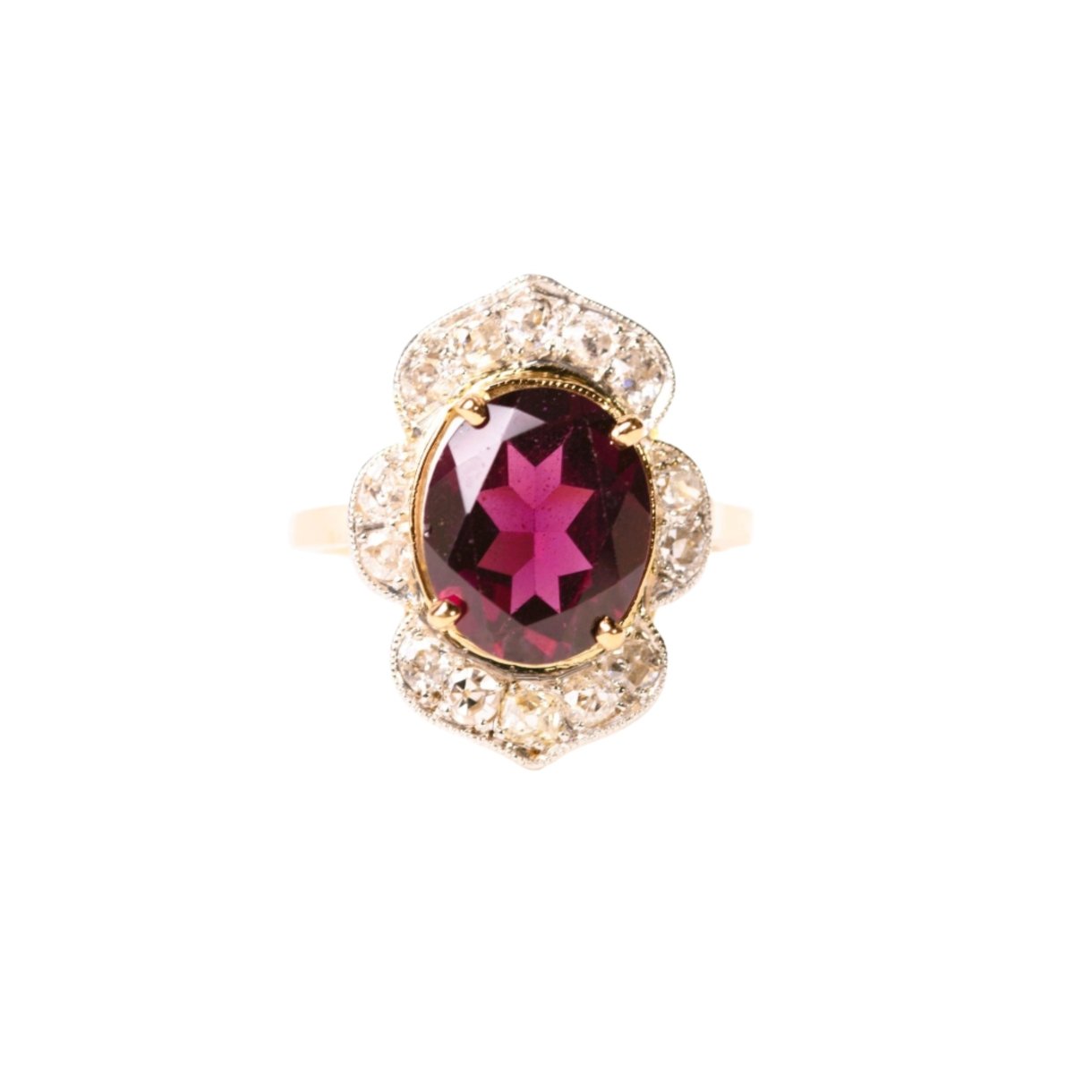Bague marguerite en or jaune, rhodolite et diamants - Castafiore