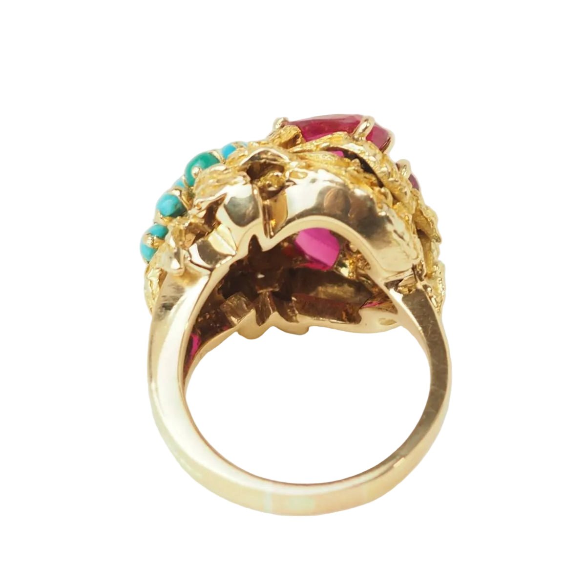 Bague Marguerite en or jaune, turquoises et rubis - Castafiore