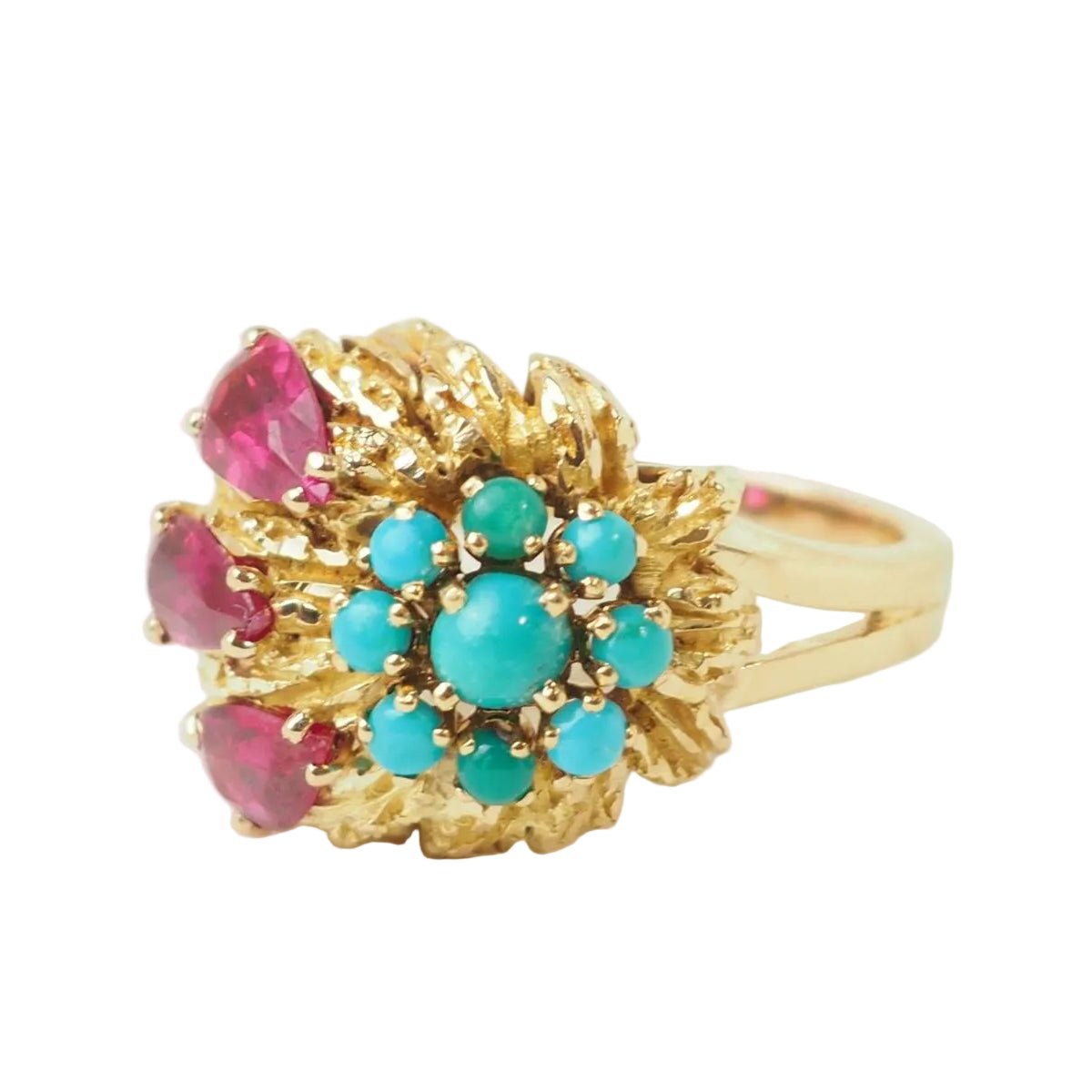 Bague Marguerite en or jaune, turquoises et rubis - Castafiore