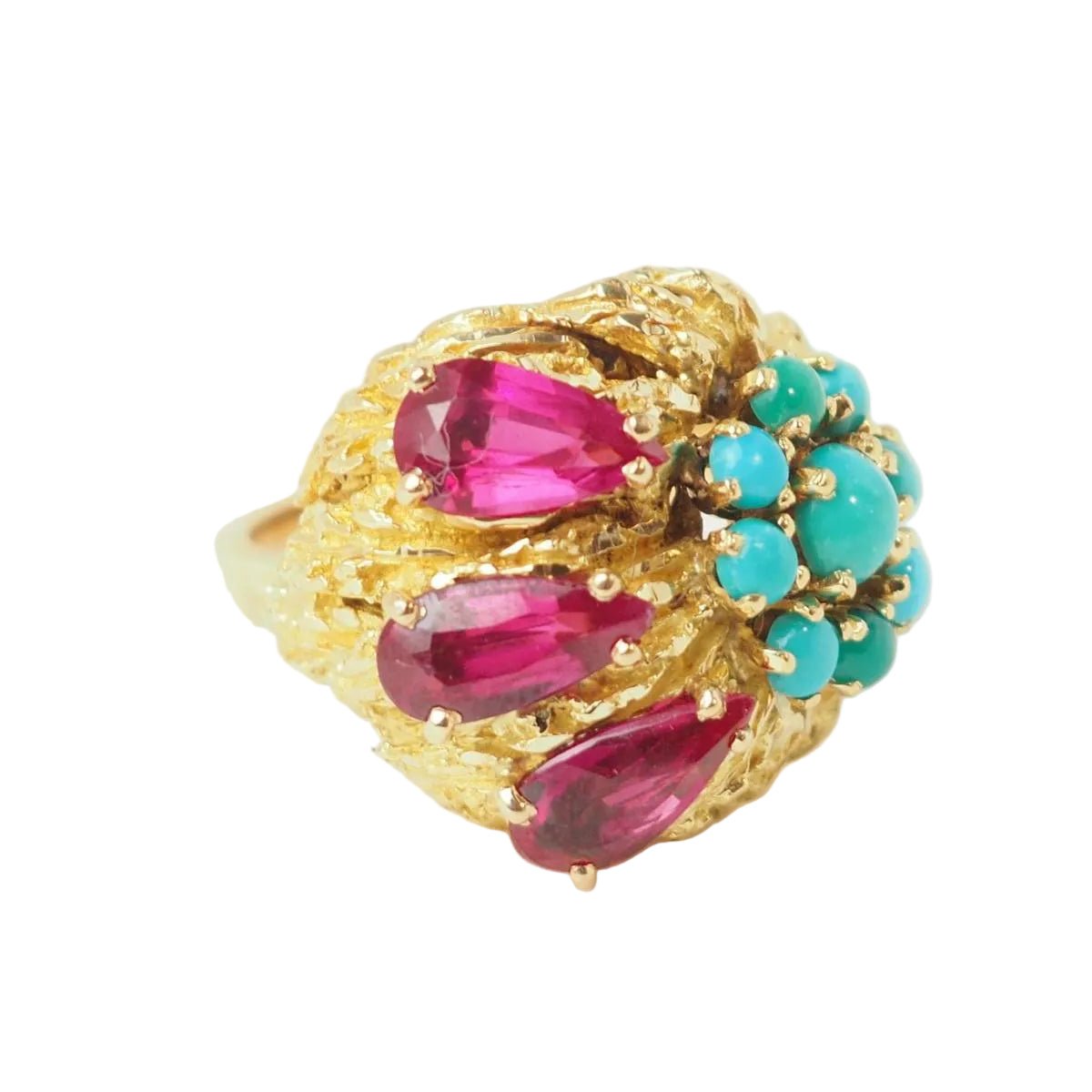 Bague Marguerite en or jaune, turquoises et rubis - Castafiore