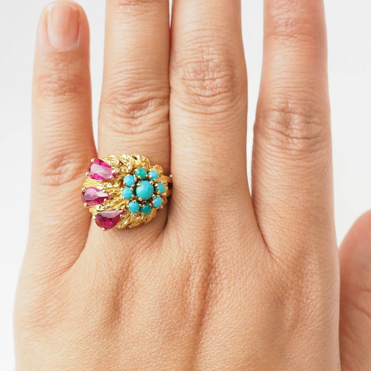 Bague Marguerite en or jaune, turquoises et rubis - Castafiore