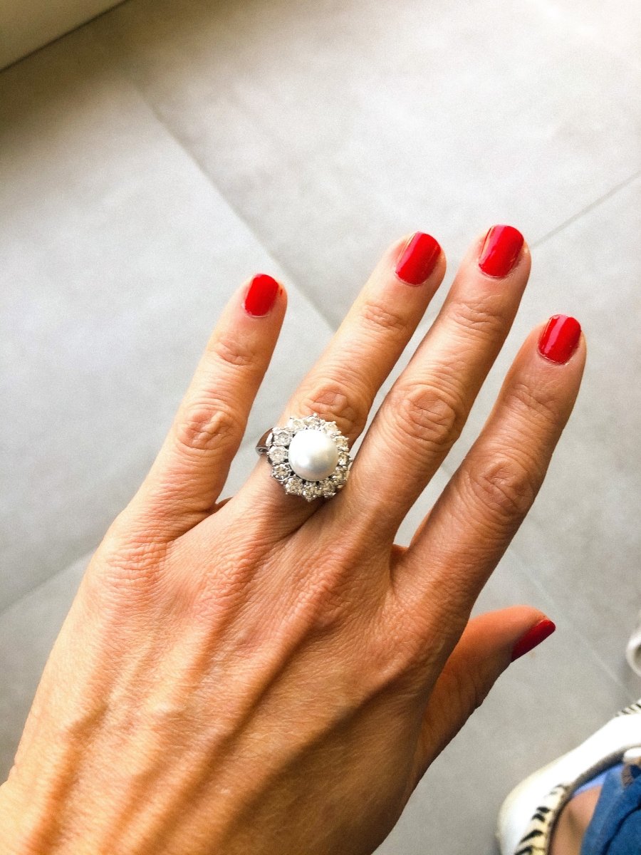 Bague marguerite en perle, entourée diamants - Castafiore