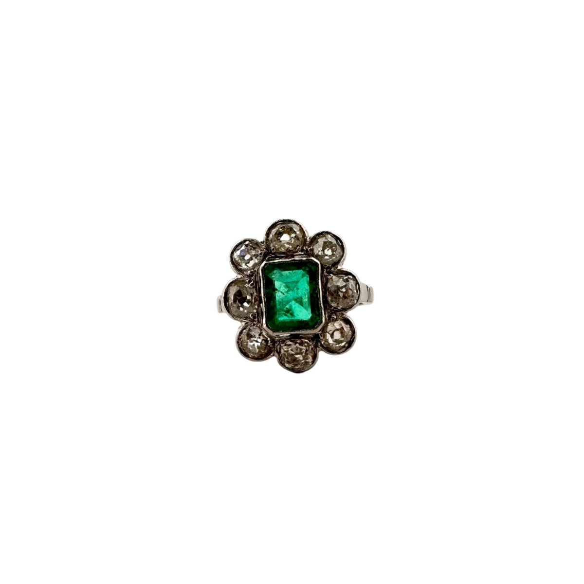 Bague Marguerite en platine avec émeraude et diamant - Castafiore