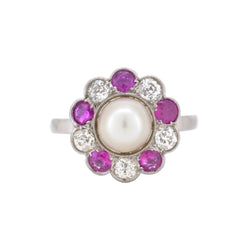 Bague Marguerite en platine, perle, rubis et diamants - Castafiore