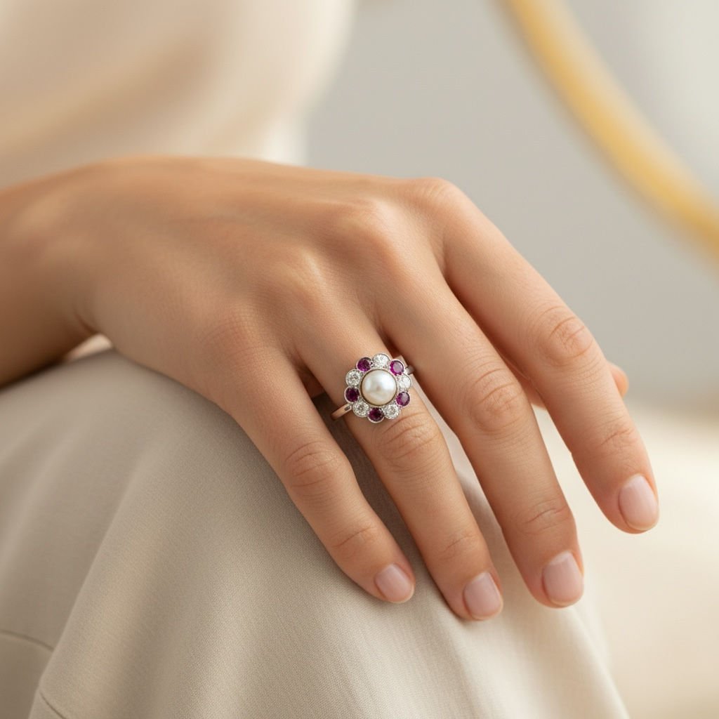 Bague Marguerite en platine, perle, rubis et diamants