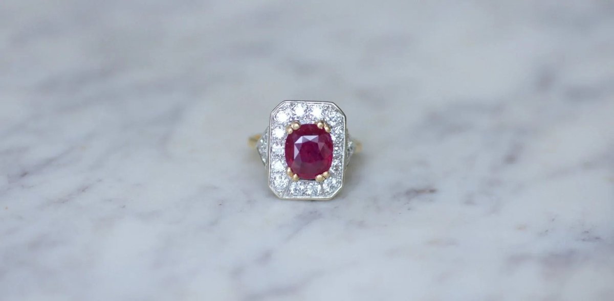 Bague Marguerite Octogonale den deux ors, rubis et diamants - Castafiore