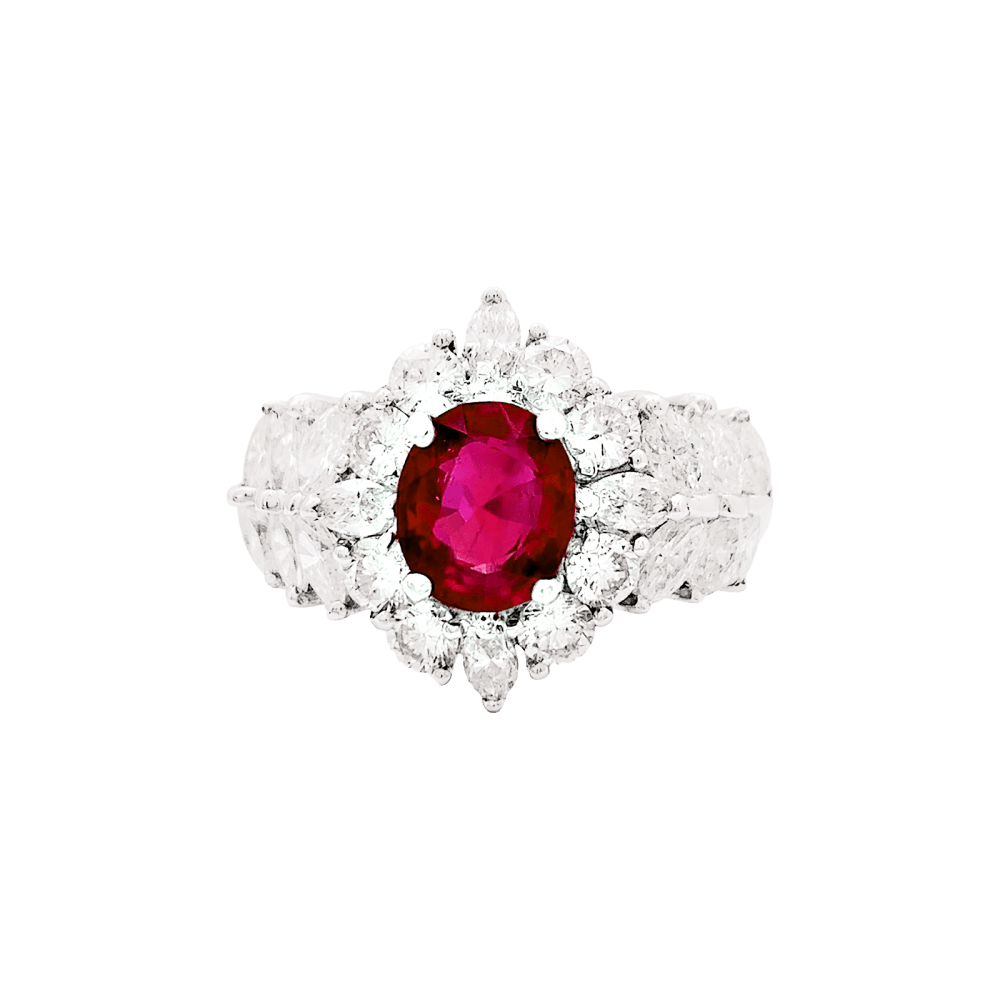Bague Marguerite or blanc, rubis et diamants. - Castafiore