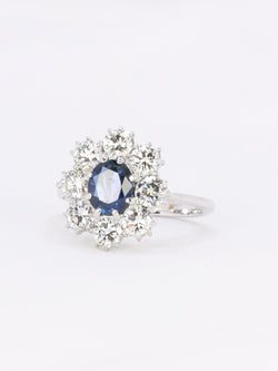 Bague marguerite or blanc saphir ovale diamants - Castafiore