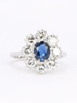 Bague marguerite or blanc saphir ovale diamants - Castafiore