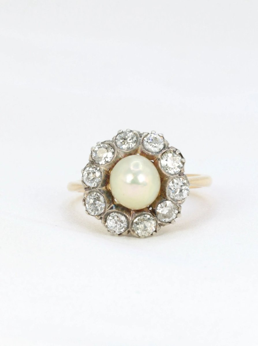 Bague marguerite or jaune argent diamants perle fine - Castafiore