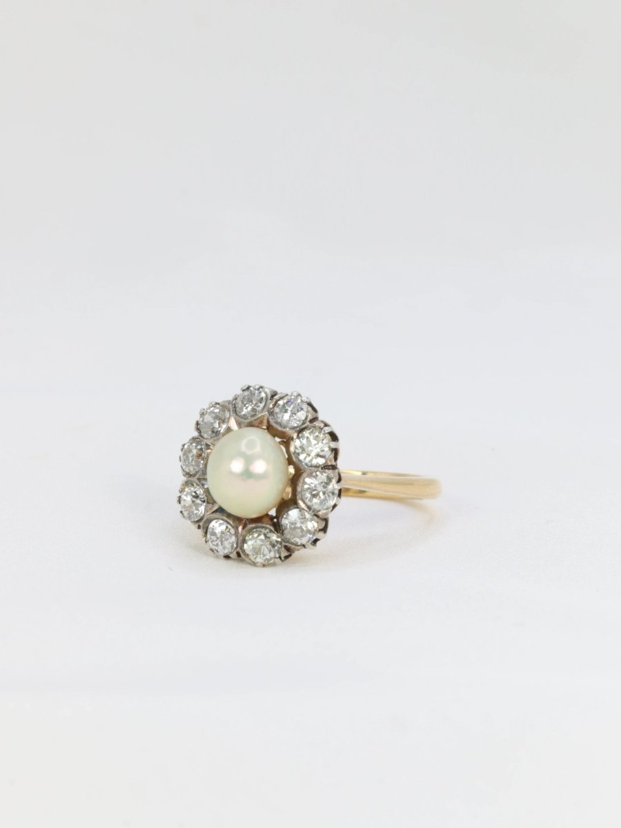 Bague marguerite or jaune argent diamants perle fine - Castafiore