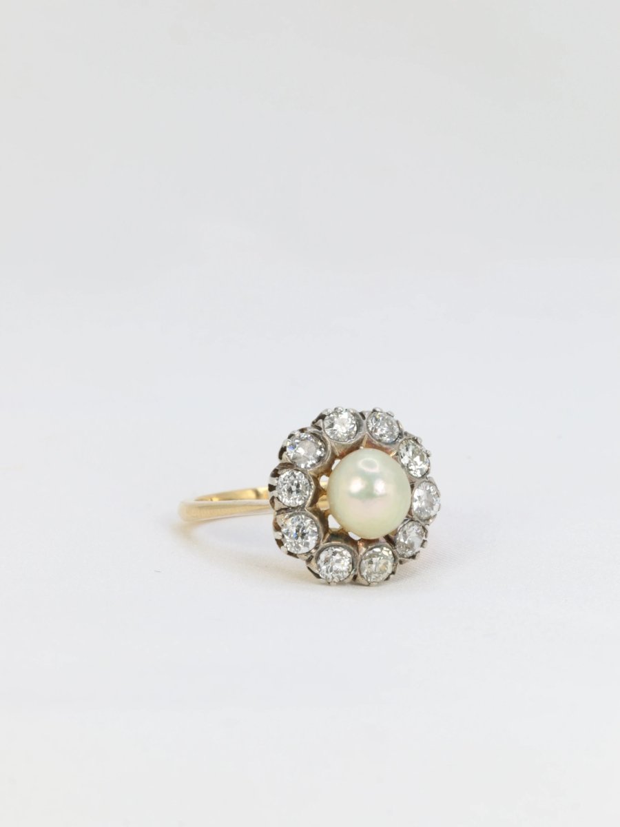 Bague marguerite or jaune argent diamants perle fine - Castafiore