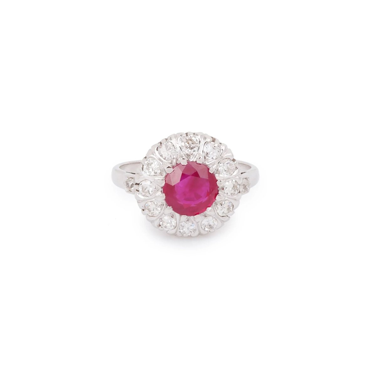 Bague Marguerite Rubis Birman 2 Carats Diamants Platine Or Gris 18 Carats (Certificat) - Castafiore