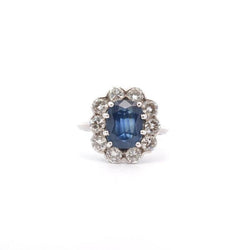 Bague Marguerite Saphir 3,30cts et Diamants en Or Blanc 18k - Castafiore