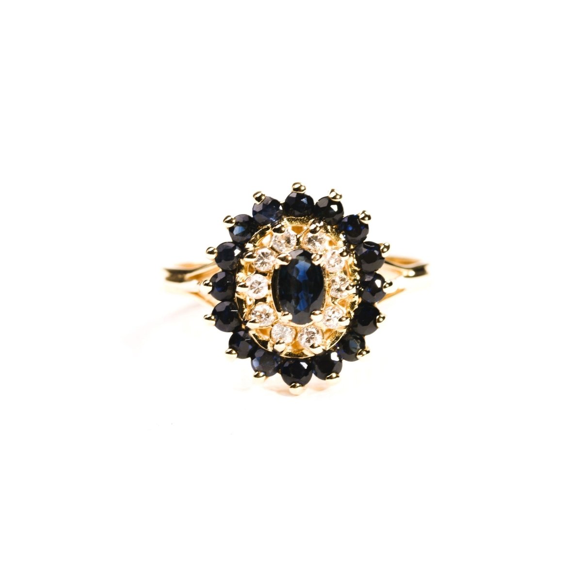 Bague marguerite saphir pavage diamants et saphirs en or jaune - Castafiore