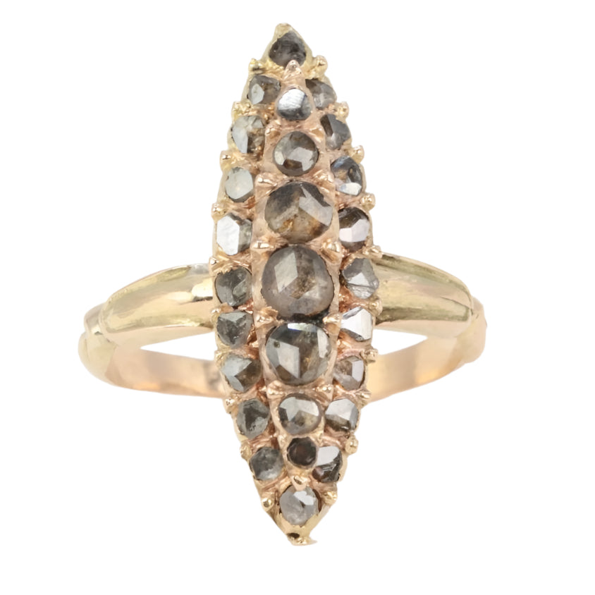 Bague marquise ancienne or jaune diamants Salt & Pepper taille en rose - Castafiore