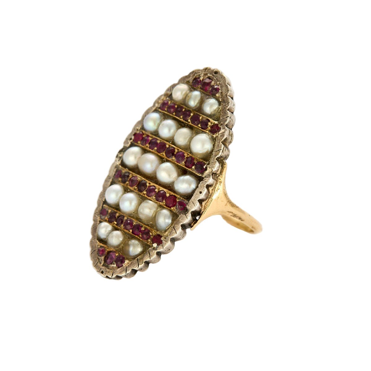 Bague Marquise en argent, or jaune, rubis, et perles - Castafiore