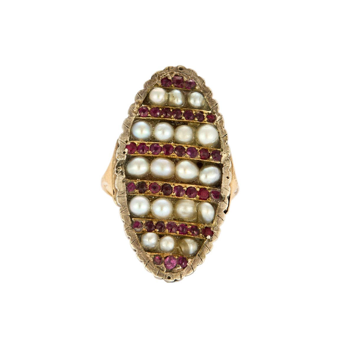 Bague Marquise en argent, or jaune, rubis, et perles - Castafiore