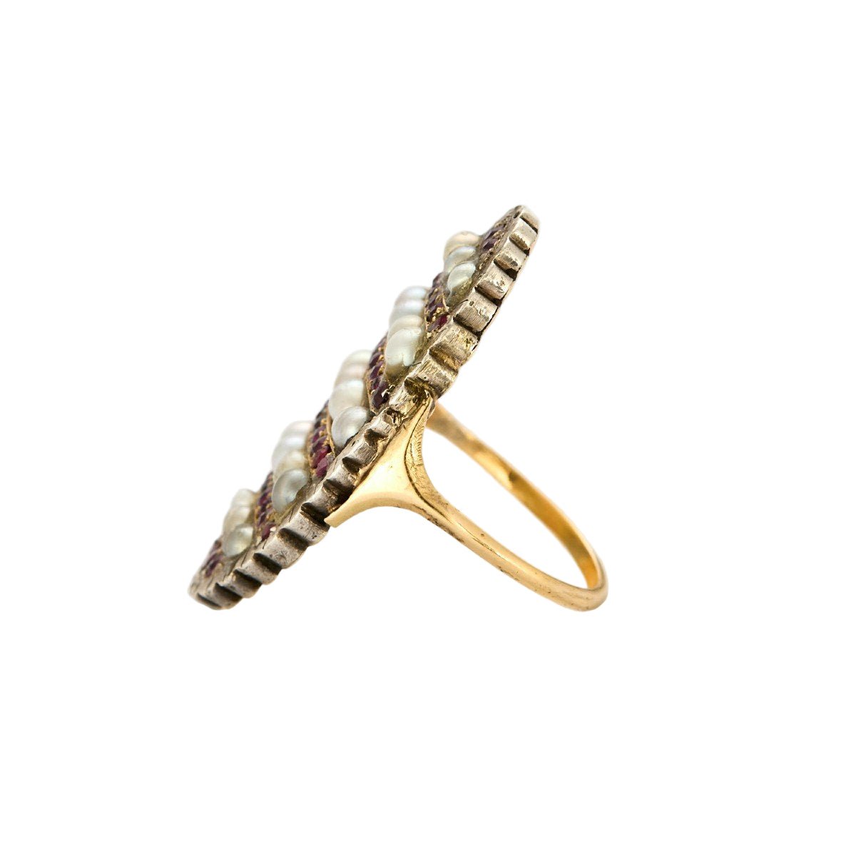 Bague Marquise en argent, or jaune, rubis, et perles - Castafiore