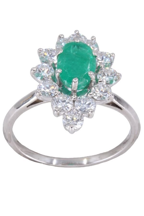 Bague Marquise en or blanc, émeraude et diamants - Castafiore