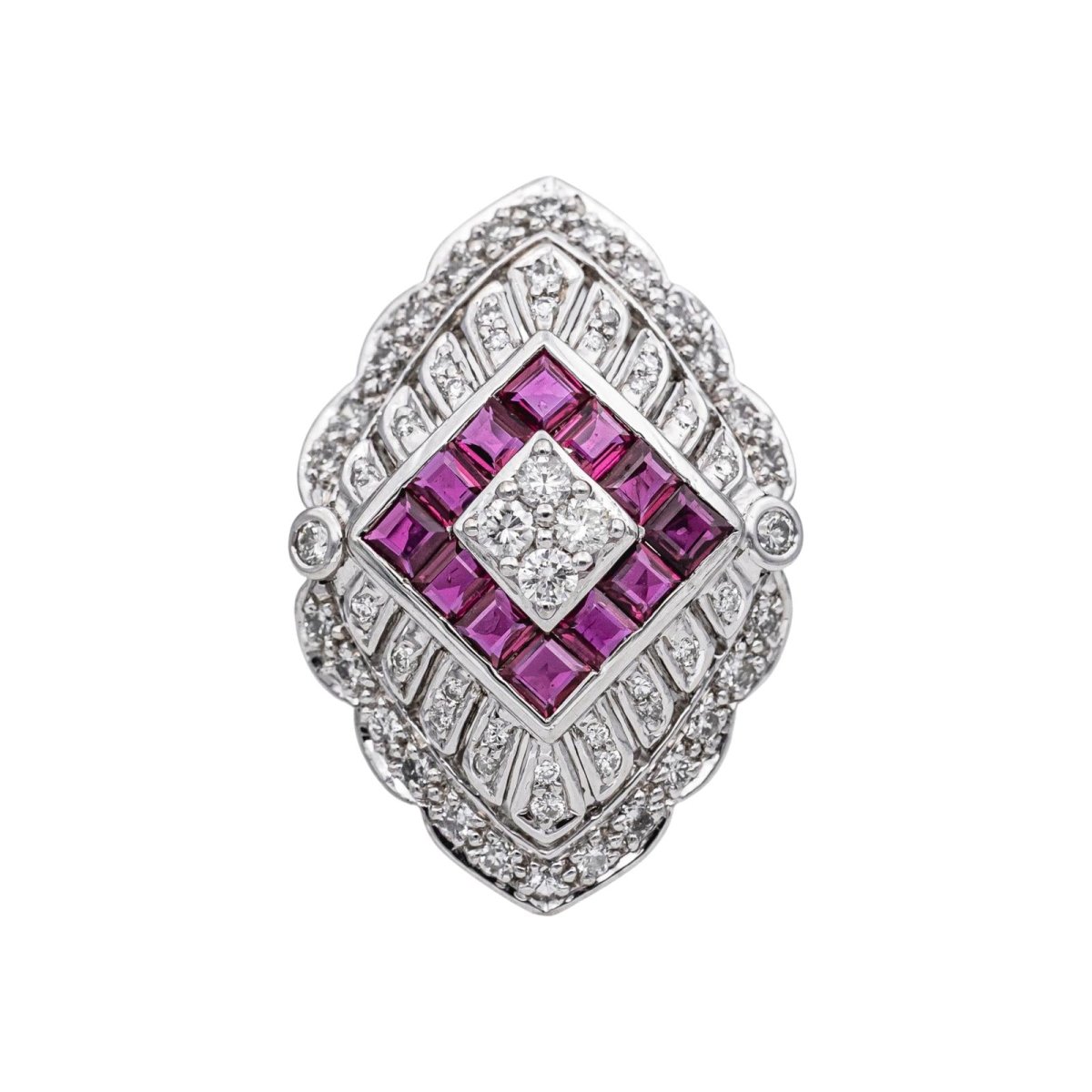 Bague Marquise en or blanc, platine, rubis et diamants - Castafiore