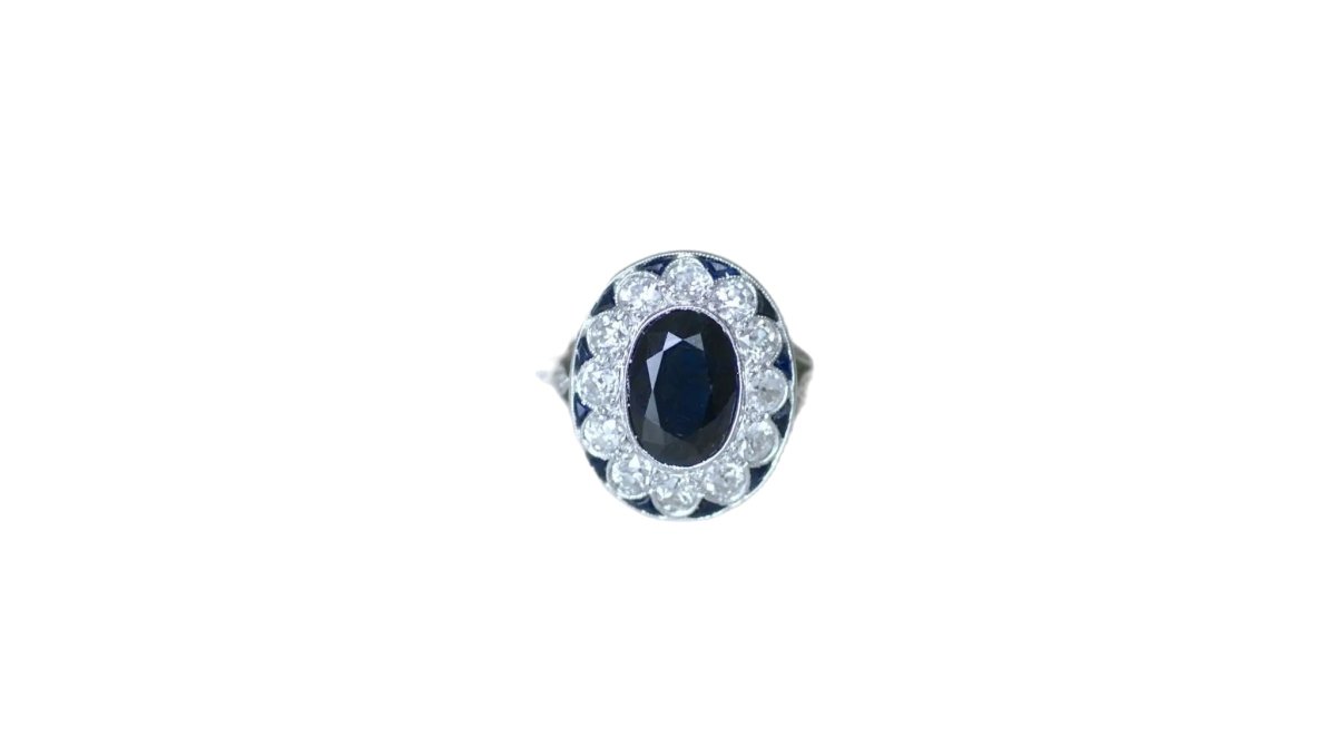 Bague Marquise en or blanc, platine, saphir et diamants - Castafiore