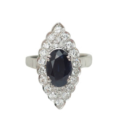 Bague Marquise en or blanc, saphir et diamants - Castafiore