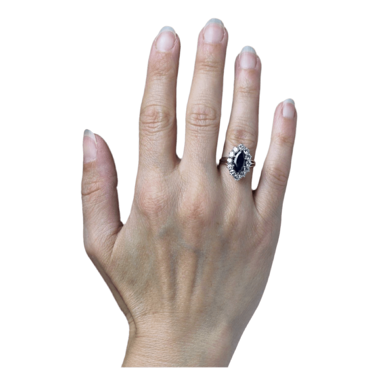 Bague Marquise en or blanc, saphir et diamants - Castafiore