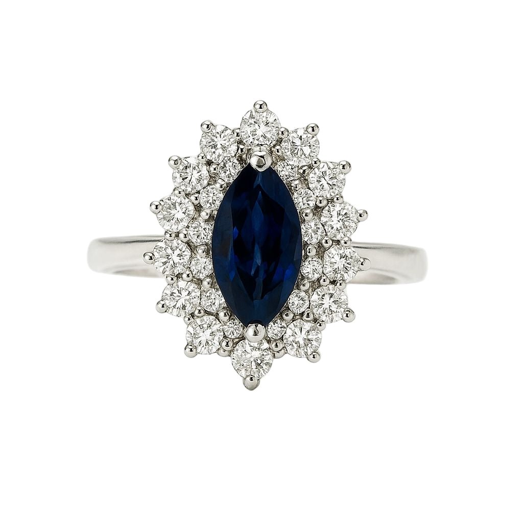 Bague Marquise en or blanc, saphir et diamants - Castafiore