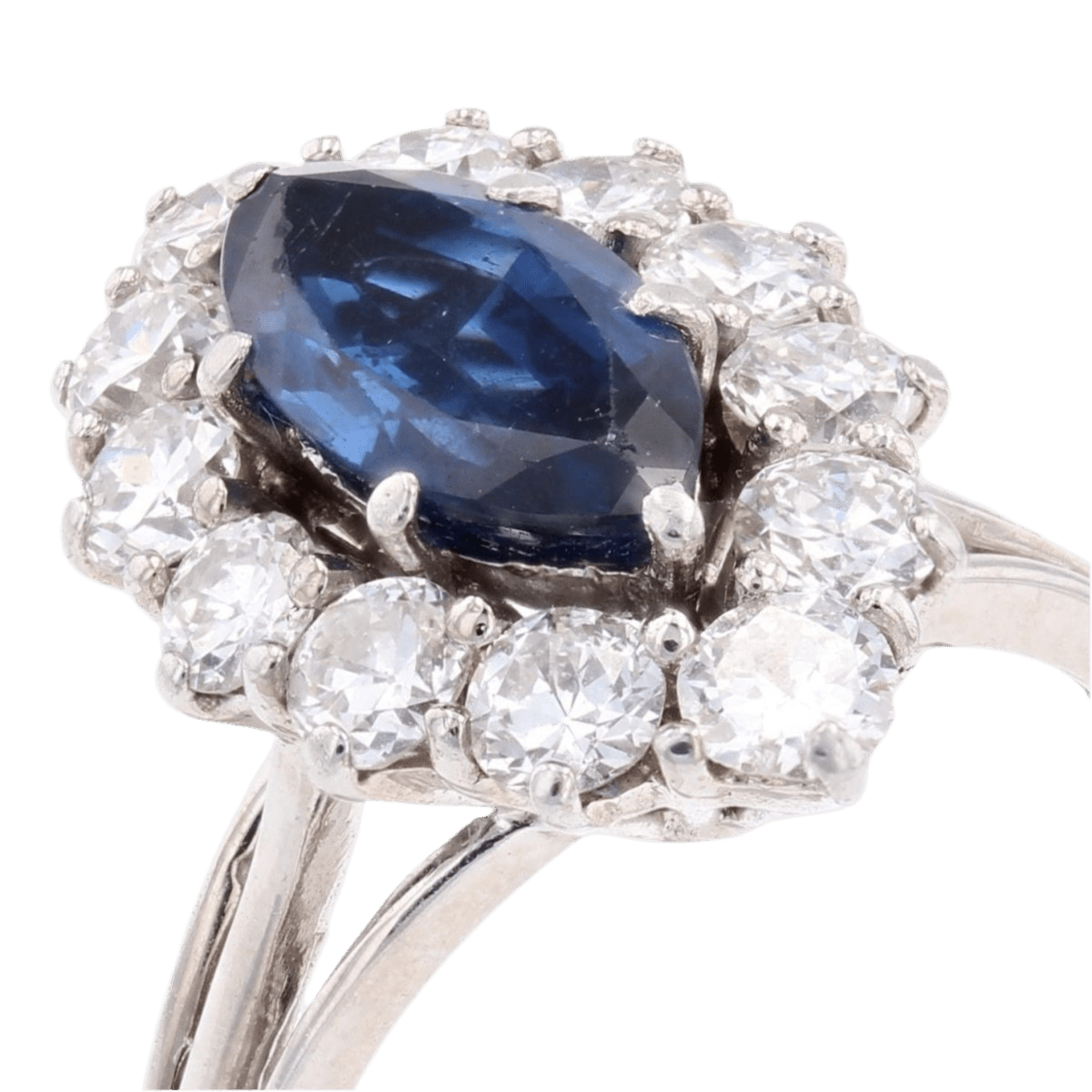 Bague Marquise en or blanc, saphir et diamants - Castafiore