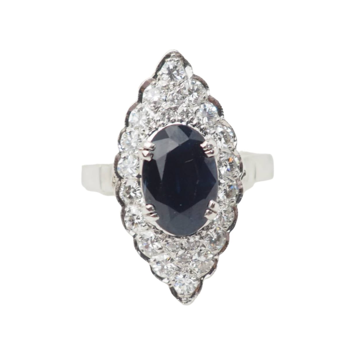 Bague Marquise en or blanc, saphir et diamants - Castafiore