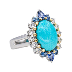 Bague Marquise en or blanc, turquoise, saphirs et diamants - Castafiore